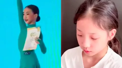 拉丁舞比赛绿衣服女孩撞人